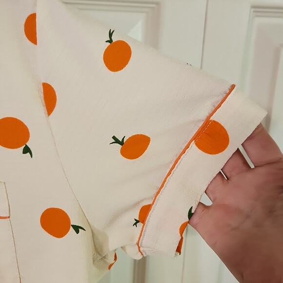 Womens Cream Textured Button Up Short Sleeve Shirt Size XL Oranges Lightweight - Picture 4 of 9